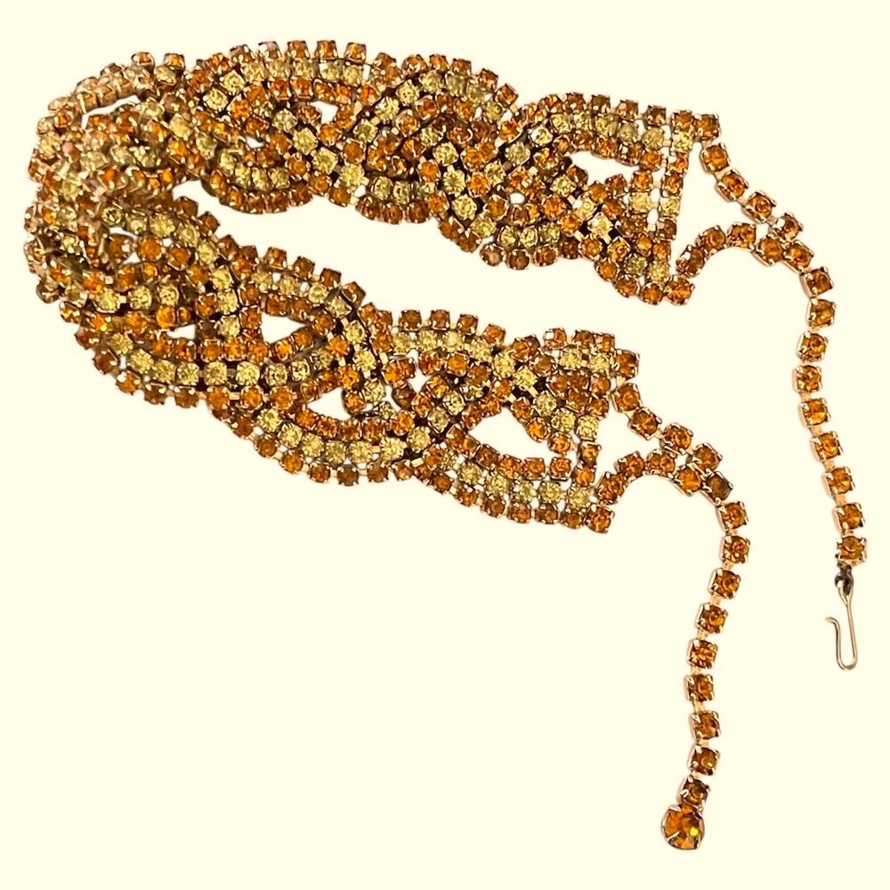 VTG 50s Juliana Braided Amber+Citrine Rhinestone Bib Necklace Gold Plated 26”
